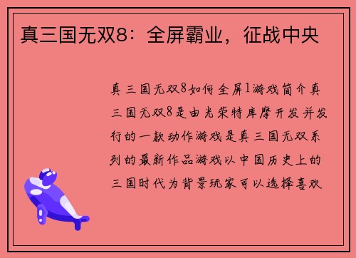 真三国无双8：全屏霸业，征战中央