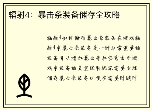 辐射4：暴击条装备储存全攻略